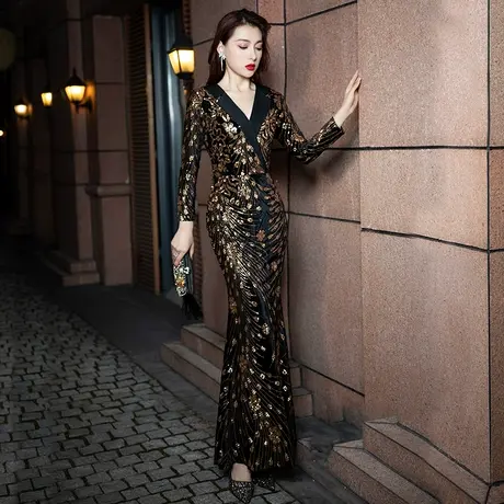 晚礼服女亮片2023新款高端气质宴会黑色鱼尾裙高级高贵黑色连衣裙商品大图