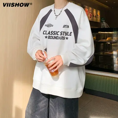 VIISHOW卫衣男春季美式高街宽松休闲重磅潮牌拼接撞色机车服外套商品大图