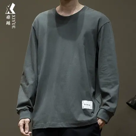 希越春季圆领长袖T恤男2024新款宽松大码纯棉打底衫男士内搭上衣商品大图