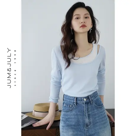 嘉茱莉2025春季新款假两件长袖T恤女小个子短款内搭打底衫上衣商品大图