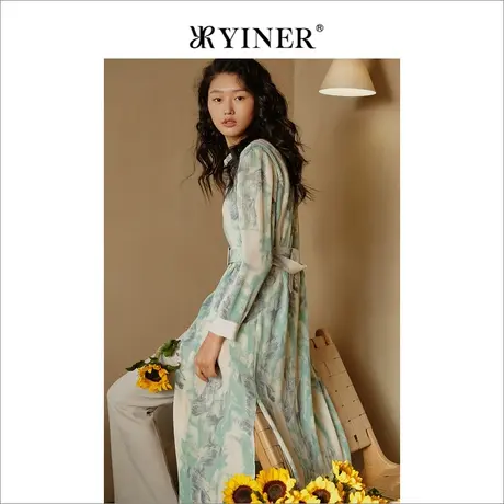 YINER音儿春季法式时尚印花垂感收腰设计连衣裙商品大图
