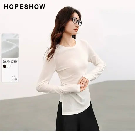 红袖不对称圆领套头上衣女hopeshow2024春季新款设计感抽褶长袖商品大图