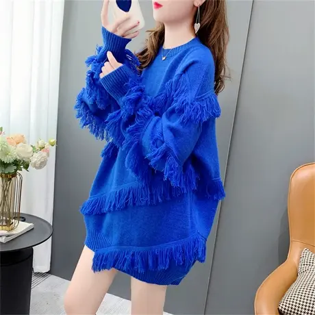 慵懒风圆领流苏毛衣女秋季2022年新款设计感宽松洋气减龄针织上衣商品大图