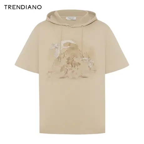 TRENDIANO国风仙鹤连帽T恤2024年春季新款山水印花宽松休闲短袖男图片
