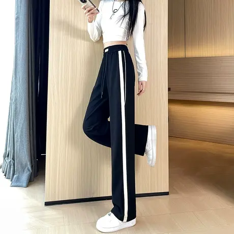 竖条纹阔腿运动卫裤女2024新款高腰垂感休闲宽松直筒显瘦拖地长裤图片