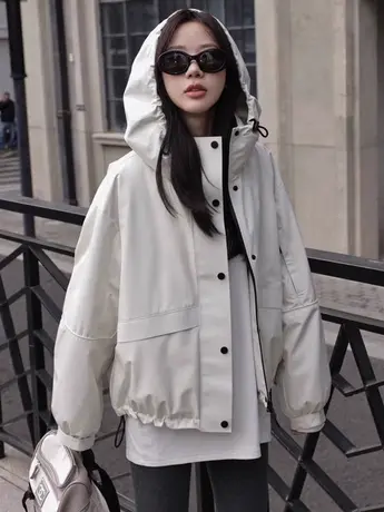 百搭休闲连帽棒球服外套女2024春秋季冲锋衣夹克韩版宽松时尚上衣商品大图