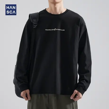 hansca 美式重磅圆领长袖t恤男秋季潮牌字母印花纯棉宽松休闲上衣商品大图