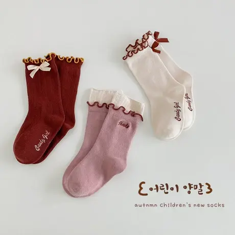 女童袜春款甜心派对公主风中筒袜中大童纯棉蝴蝶结简约风儿童袜潮商品大图