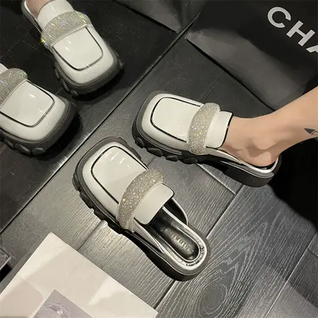 包头半拖鞋女夏外穿2024年新款百搭小众方头时尚水钻厚底粗跟凉拖图片