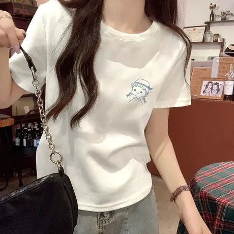 白色女孩印花纯棉短袖T恤女2024夏装新款修身短款气质减龄上衣服图片