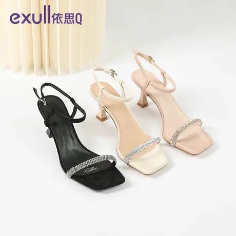 依思q一字带高跟鞋细跟水钻高贵优雅气质女鞋夏简约方头露趾凉鞋图片