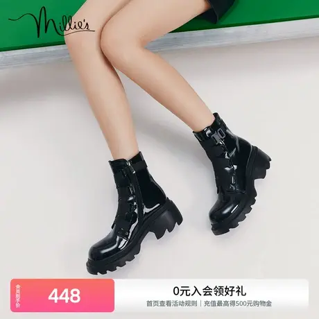 millie's妙丽冬新款牛皮酷飒织带厚底粗跟马丁女短靴59090DZ2商品大图