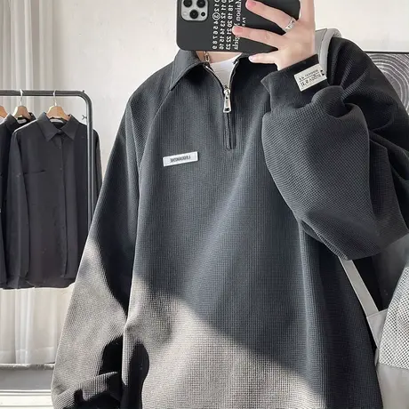 宽松长袖翻领卫衣男ins潮流纯色半拉链套头POLO衫秋季高街上衣服图片
