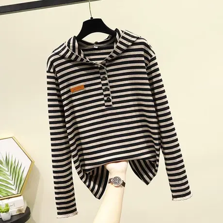 连帽卫衣女士短款2023年春秋季新款休闲宽松条纹长袖上衣打底帽衫图片