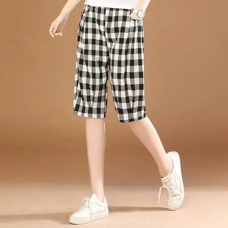 韩潮袭人松紧腰宽松格子五分休闲裤女2023夏新款百搭显瘦哈伦裤薄商品大图