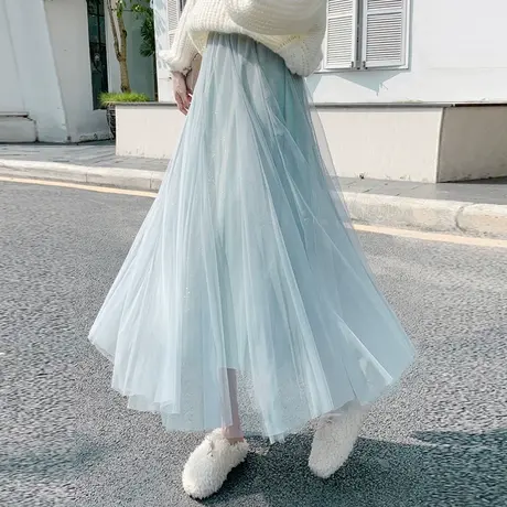 春秋季新款网纱裙半身裙长裙中长蓬蓬裙仙女裙韩版闪亮丝浅蓝53图片