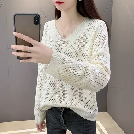 2023新款秋装女士毛衣针织衫罩衫上衣宽松套头v领长袖镂空商品大图