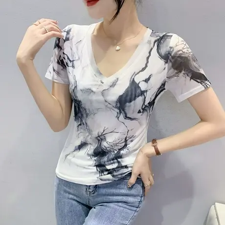 复古水墨画网纱短袖T恤女欧货设计感上衣洋气V领体恤修身漂亮小衫商品大图