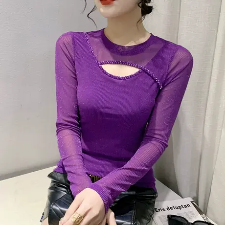 2023年新款网纱T恤女长袖欧货性感镂空小衫修身百搭洋气钉珠上衣商品大图