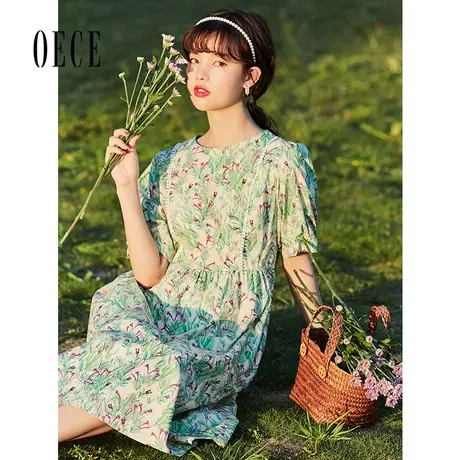 Oece法式小众连衣裙2023夏季新款女装复古绿色裙子早春气质碎花裙图片