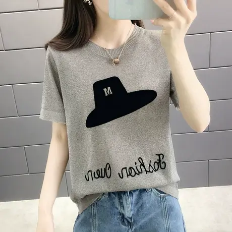 圆领印花帽子薄款针织短袖T恤2020夏季新款韩版学院风打底上衣女商品大图