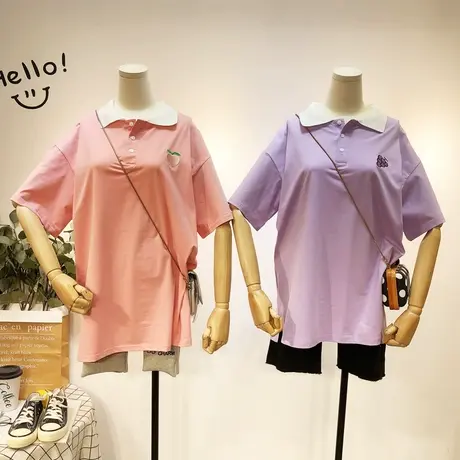 2020夏新款韩国东大门ins刺绣水果Polo领T恤衫度假沙滩闺蜜装大码商品大图