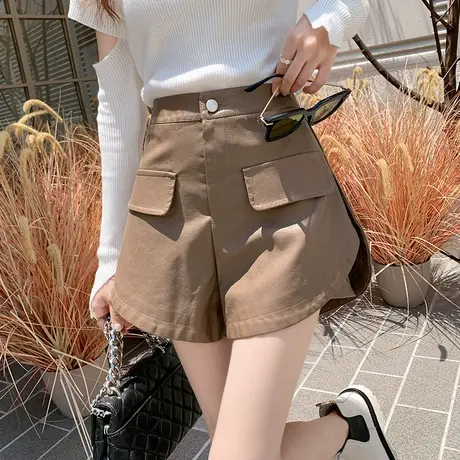 高腰PU皮短裤女外穿春秋显瘦休闲裤宽松百搭气质阔腿裤黑色a字型图片