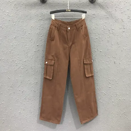 2023秋季新款咖啡色美式工装裤女百搭休闲辣妹高腰牛仔直筒裤长裤图片