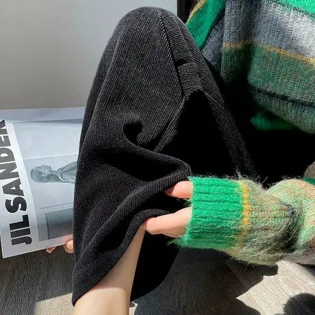 黑色灯芯绒阔腿裤女2023年春秋新款高腰垂感直筒宽松百搭休闲裤子商品大图