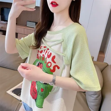 设计感小众小个子短袖t恤女夏季韩版宽松大码华夫格撞色绑带上衣图片