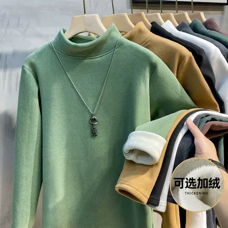加绒加厚保暖德绒半高领打底衫男秋冬季新款内搭长袖T恤中领卫衣商品大图
