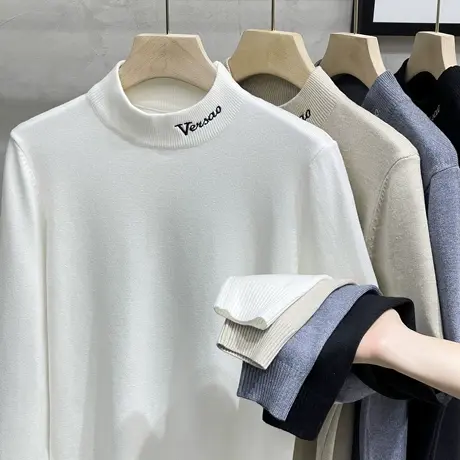 男士毛衣半高领秋冬季百搭修身针织打底衫刺绣黑色中领线衣男潮流商品大图