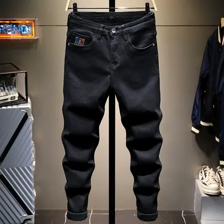 2022新款春季黑色简约百搭潮牌刺绣牛仔裤男士修身小脚长裤子显瘦商品大图