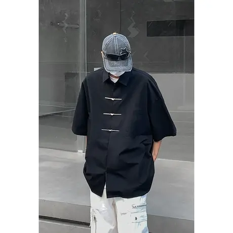 中国风新中式金属飞机扣宽松短袖衬衫男女同款纯色高级感古着衬衣商品大图