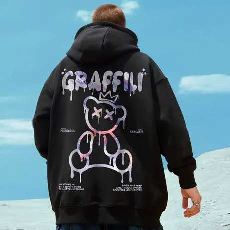 国潮oversize小熊连帽卫衣男潮牌ins加绒大码男装情侣外套秋冬季商品大图