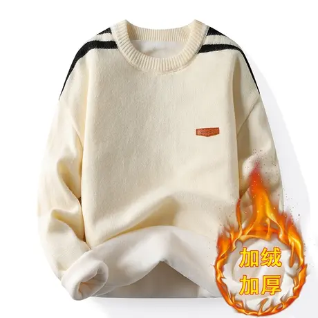 毛衣男士秋冬季加绒加厚款潮流拼色一体绒圆领打底毛衫针织款衣服商品大图