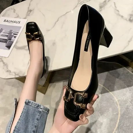 永希女鞋搭扣粗跟不累脚高跟鞋女2023年新款春秋方头英伦风单鞋女商品大图