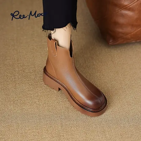REEMOOR睿慕2023秋冬新款美拉德风厚底棕色短靴增高瘦瘦靴单靴女图片
