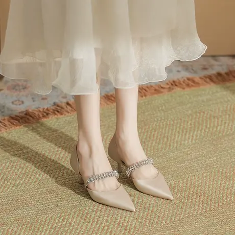 高跟鞋凉鞋女2023年夏季新款时尚中跟水晶鞋时装细跟外穿包头尖头商品大图