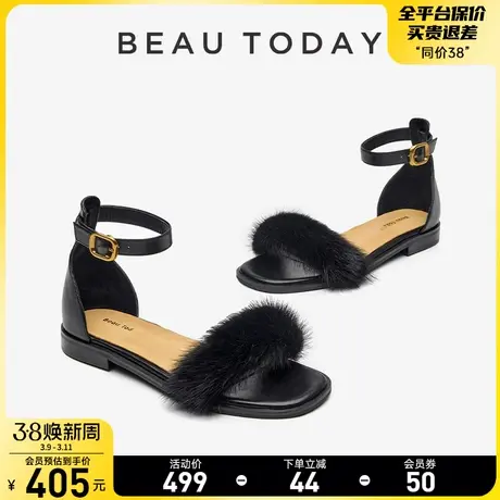 BeauToday秋季新款毛毛凉鞋女BT仙女风一字带法式晚风外穿凉鞋女图片