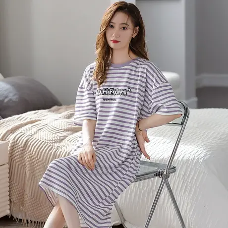 婷美条纹睡裙女夏季薄款短袖纯棉连衣裙夏天可出门睡衣女士家居服图片
