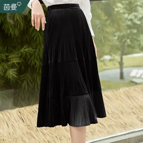 茵曼旗舰店法式复古半身裙女2023秋冬新款松紧高腰过膝中长裙伞裙商品大图