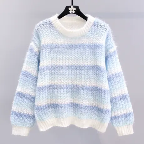 温柔风软糯条纹套头毛衣女秋冬2023新款宽松慵懒风洋气针织衫上衣图片