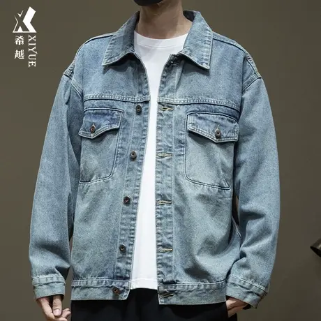 希越复古水洗牛仔外套男2024新款胖子工装衬衣加肥加大码男士夹克图片