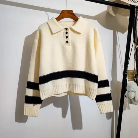 翻领条纹毛衣女春秋新款宽松外穿设计感小众爱心扣短款针织衫上衣商品大图