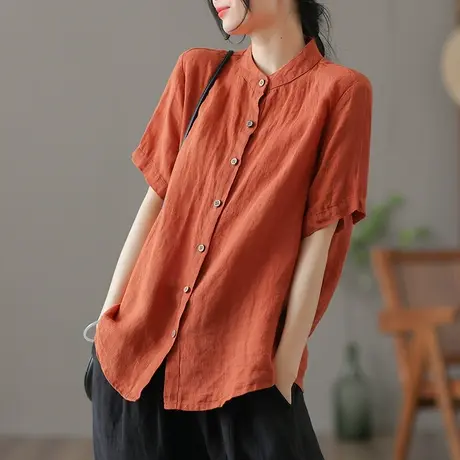 dza 复古气质亚麻开衫短袖夏季薄款宽松休闲短款棉麻上衣女士衬衣图片