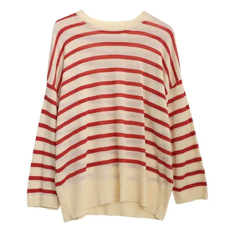 dza 文艺复古条纹针织打底衫女2023春季新款外搭宽松显瘦套头上衣图片