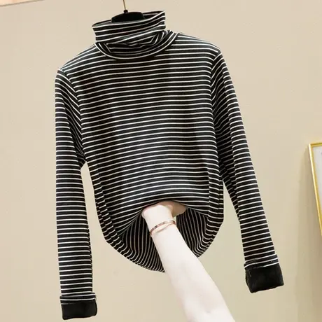 洋气条纹加绒打底衫女2023秋冬季加厚百搭高领韩版堆堆保暖上衣潮商品大图