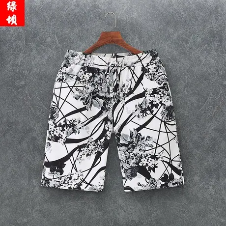 短裤男夏季纯棉透气裤子印花薄款直筒宽松五分裤休闲沙滩中裤男装商品大图