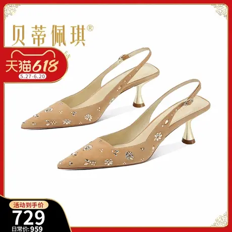 时尚尖头细跟包头凉鞋女2025年夏季新款绒面水钻后空高跟鞋子气质图片